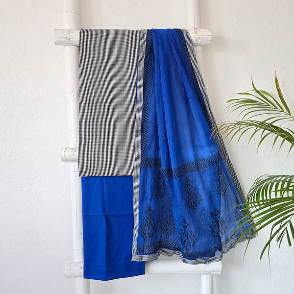 Aditi -Pure Cotton Blue With Black And White Checks Suit