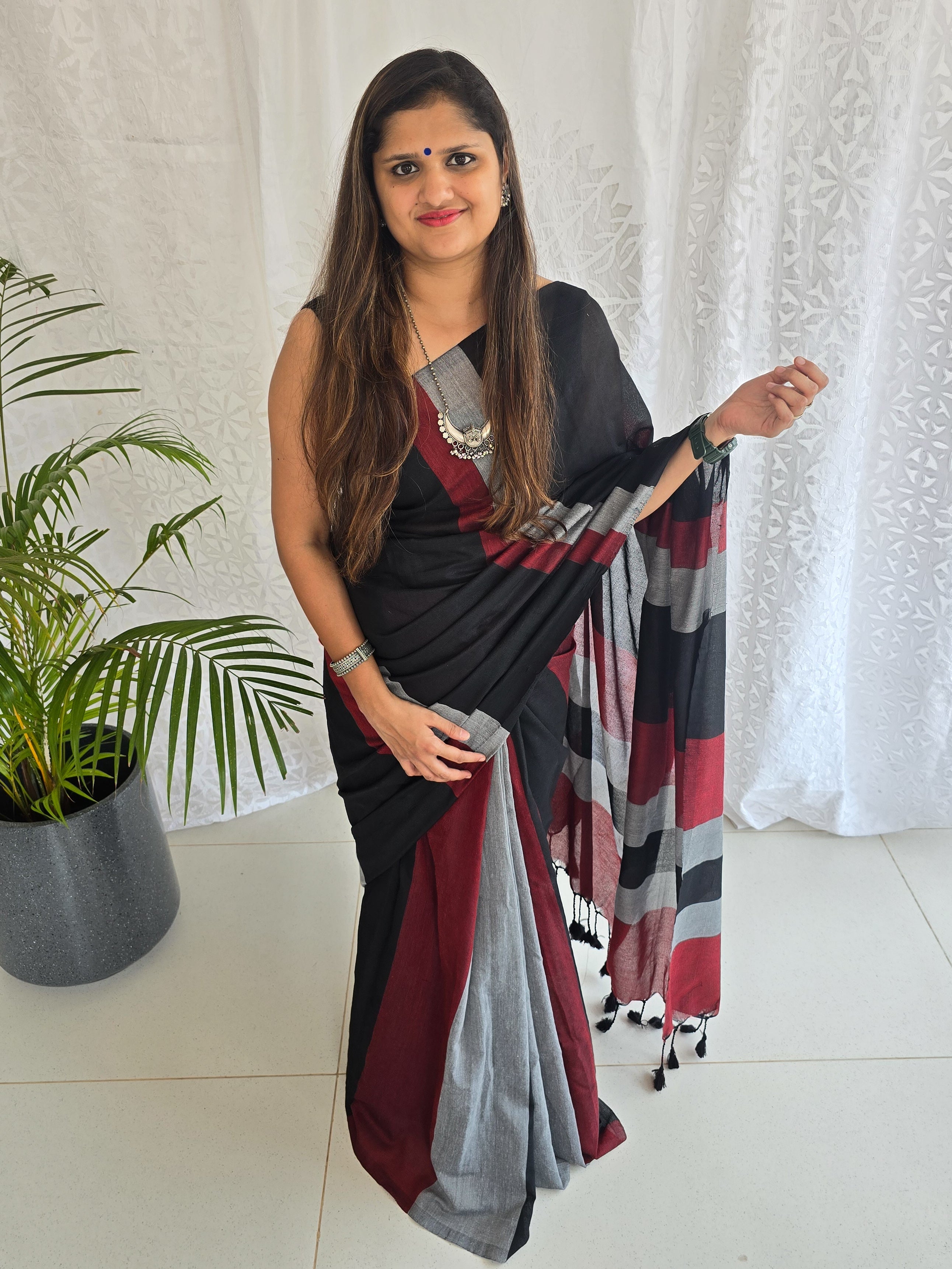 Piku Color PIKU- Marron With Black And Grey Three Shades Of Saree – Sanskruti