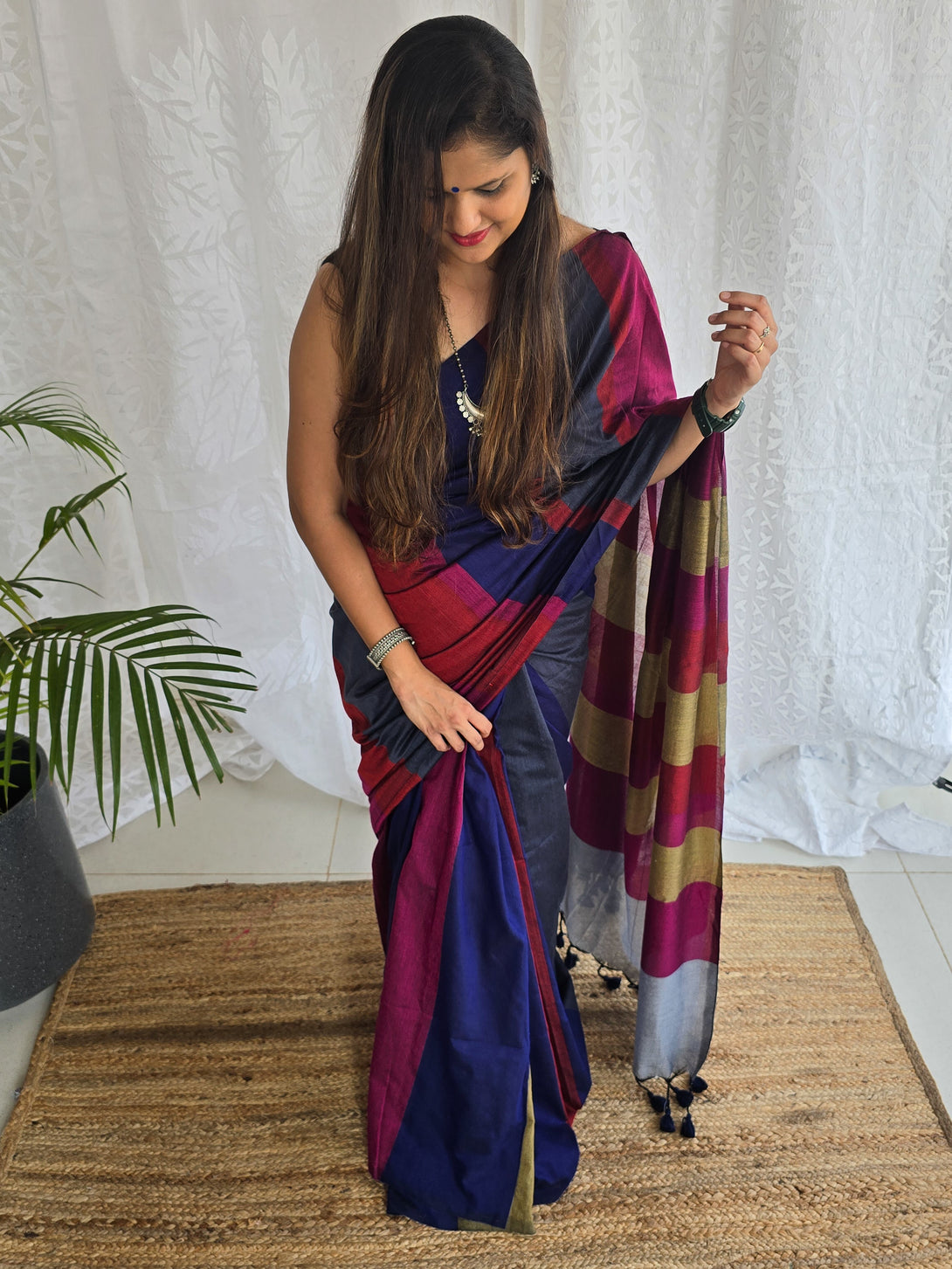 PIKU- Magenta With Marron And Grey Blue Multi Shades Of Saree – Sanskruti