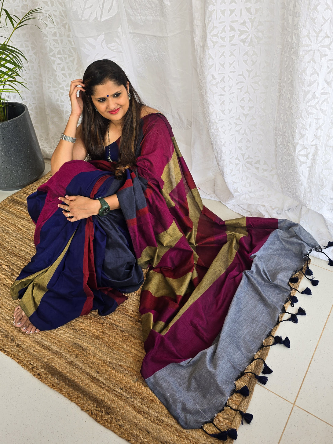 Piku Color PIKU- Magenta With Marron And Grey Blue Multi Shades Of Saree – Sanskruti