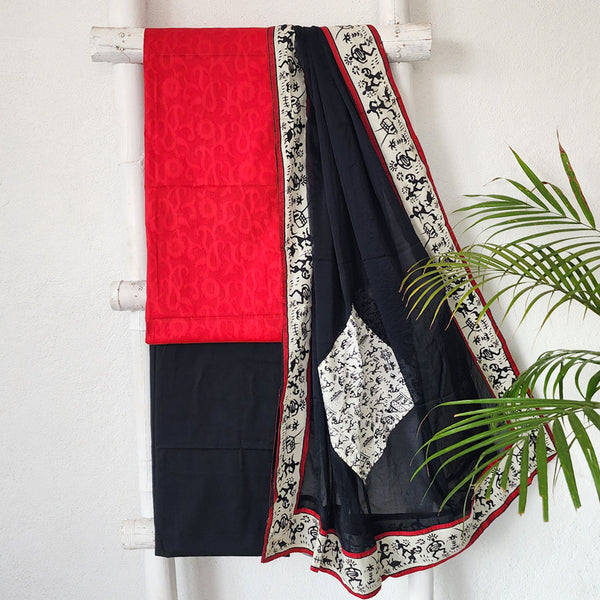 Aditi -Pure Cotton Red With Black And White Suit