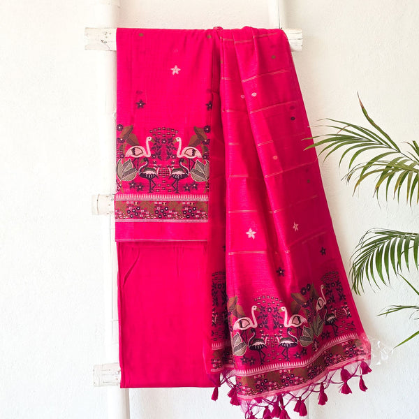 AARADHYA- Jamdani Pink  With Cranes Design Top And Dupatta Suit