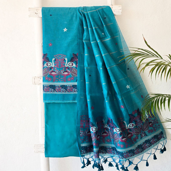 AARADHYA- Jamdani Teal Blue With Cranes Design Top And Dupatta Suit