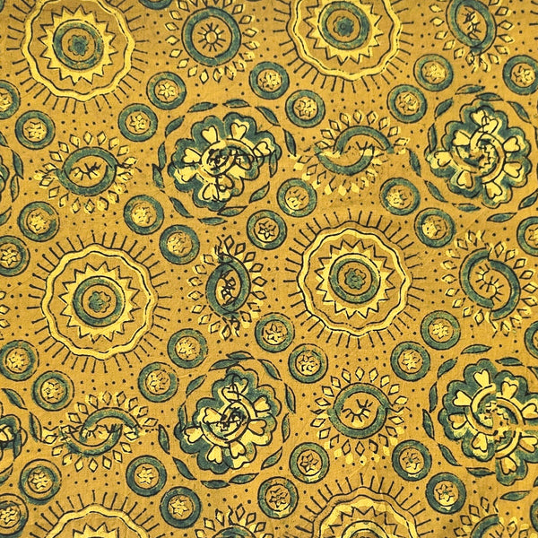 Pure Cotton Ajrak Yellow With Green Big Flower Intricate Design Hand Block Print Fabric