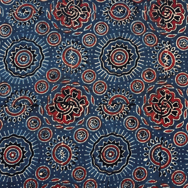 Pure Cotton Ajrak Blue With Black  And  Red Big Flower Intricate Design Hand Block Print Fabric