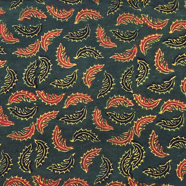 Pure Cotton Ajrak Green With Red And Black Leaves Motif Hand Block Print Fabric