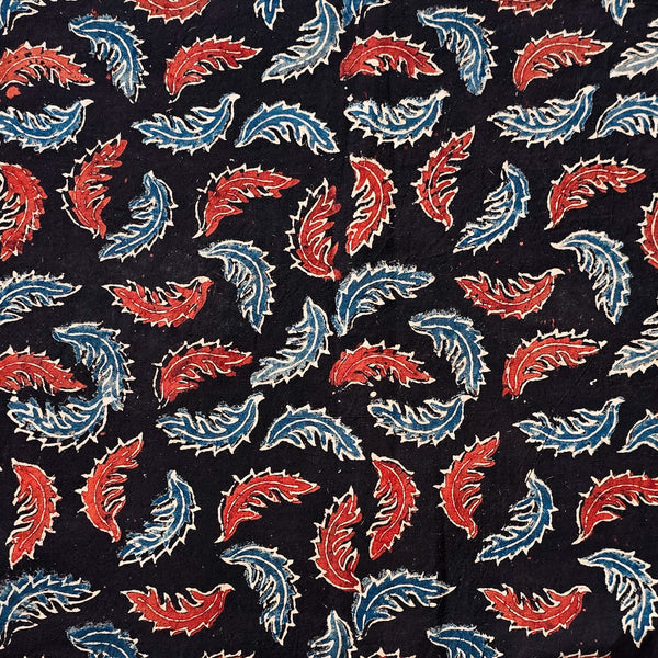 Pure Cotton Ajrak Black With Blue And Red Leaves Motif Hand Block Print Fabric