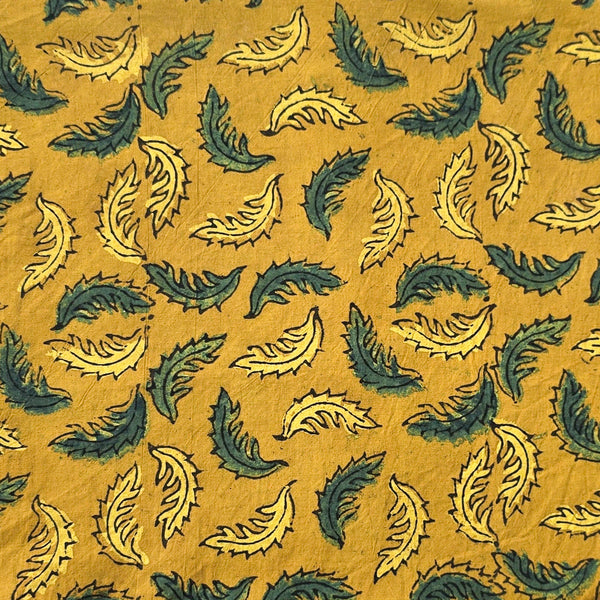 Pure Cotton Ajrak Mustard  With Green  Leaves Motif Hand Block Print Fabric