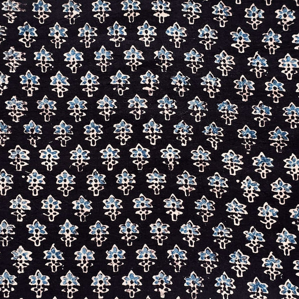 ( Pre-Cut 2 Meter ) Pure Cotton Ajrak Black With Blue Tiny Flower Motif Hand Block Print Fabric