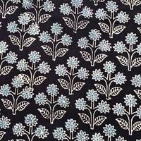 Pure Cotton Ajrak Black With Blue Flower Plant  Motif Hand Block Print Fabric
