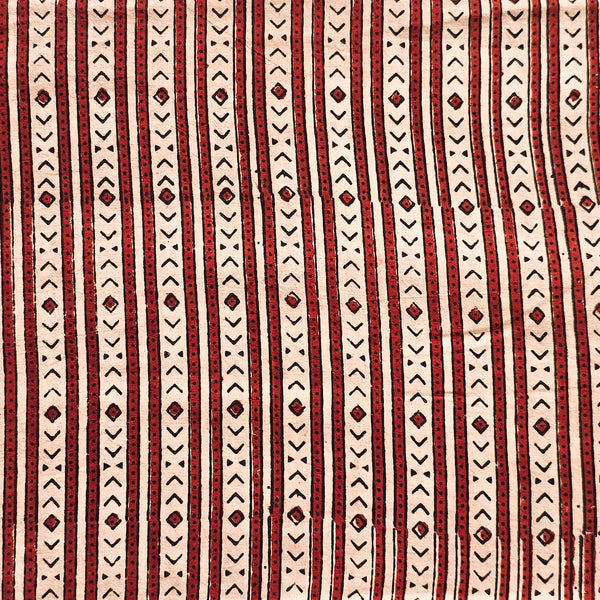 Pure Cotton Ajrak Cream With Red Border Stripes Hand Block Print Fabric