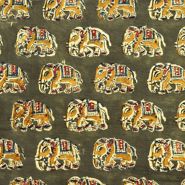 (PRE-CUT 1.40 METER) Pure Cotton Kalamkari Mehandi Green With Elephant Motif Hand Block Print Fabric