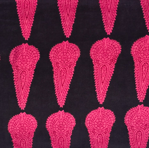 (PRE-CUT 1.95 METER) Pure Cotton Bagh Black And Pink Pine Tree Hand Block Print Fabric