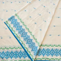 Pure Cotton Handloom Jamdani woven Fabric White With Blue And Green Border Design