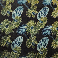 Pure Cotton Vanaspati Blueish Black With Green Flower Hand Block Print Fabric