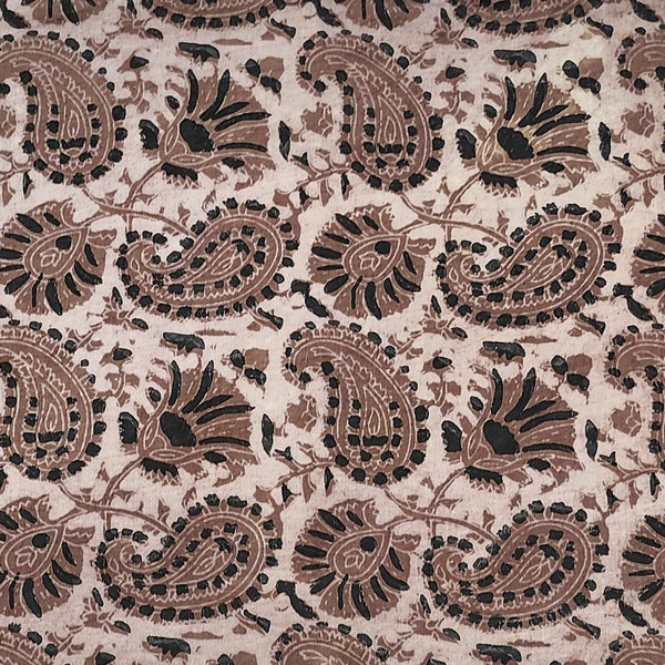 (PRE-CUT 1.30 METER) Pure Cotton Vanaspati Beige With Brown And Black Paisley Hand Block Print Fabric