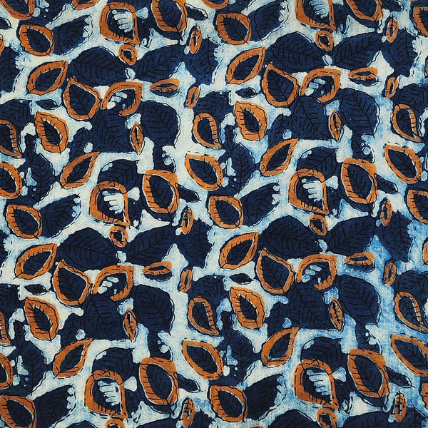 (Pre-Cut 0.80 Meter) Pure Cotton Vanaspati Blue And Orange Leaves Hand Block Print Fabric