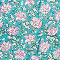 Pure Cotton Jaipuri Teal With Pink Flower Jaal Hand Block Print Fabric