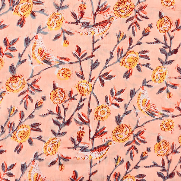 (PRE-CUT 1.35 METER) Pure Cotton Jaipuri Peach With Bird On The Tree Hand Block Print Fabric
