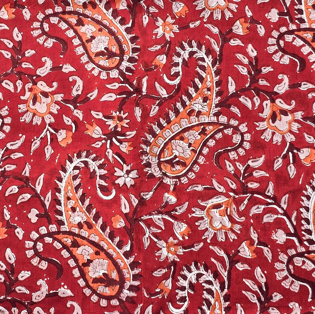 (PRE-CUT 2.35 METER) Pure Cotton Jaipuri Red With Orange Kairi Jaal Ha ...