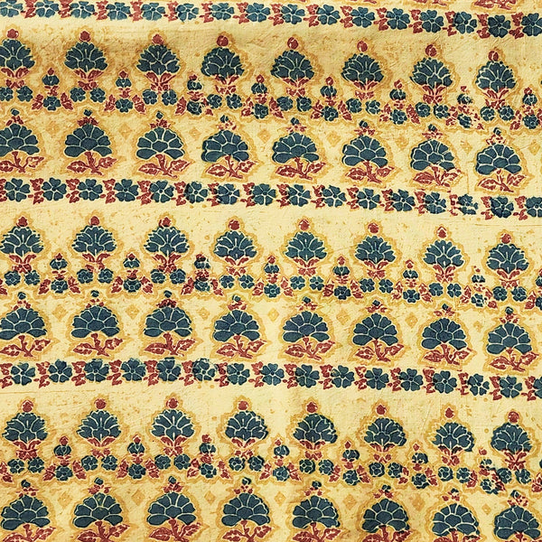 Pure Cotton Gad Ajrak Mustard With Rust Blue Flower Border Hand Block Print Fabric