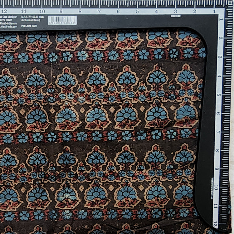 Pure Cotton Gad Ajrak Brown With Rust Blue Flower Border Hand Block Pr ...