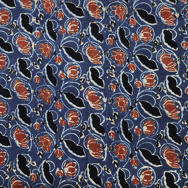 Pure Cotton Gad Ajrak Blue With Rust Red Flower Jaal Hand Block Print Fabric