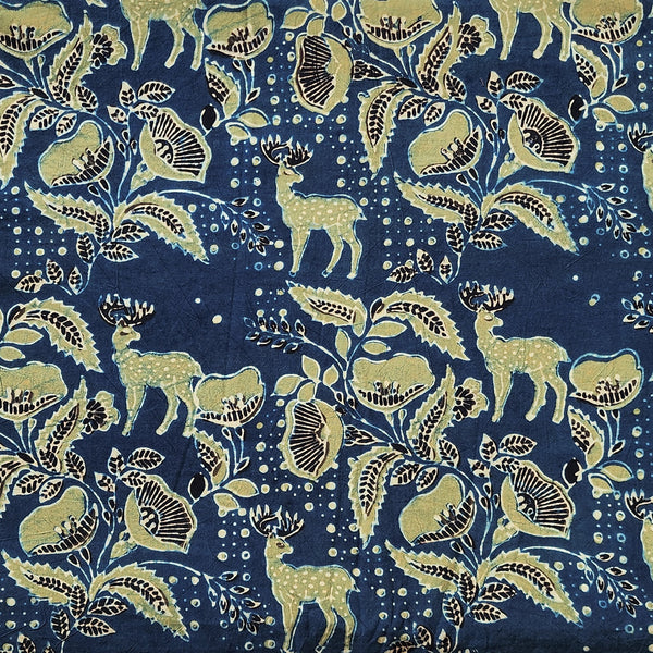 Pure Cotton Gad Ajrak Blue With Green Jungal Flower And Deer Motif Hand Block Print Fabric