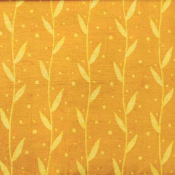 (PRE-CUT 1 METER) Pure Cotton Dabu Yellow With Cream Leaves Creeper Hand Block Print Fabric
