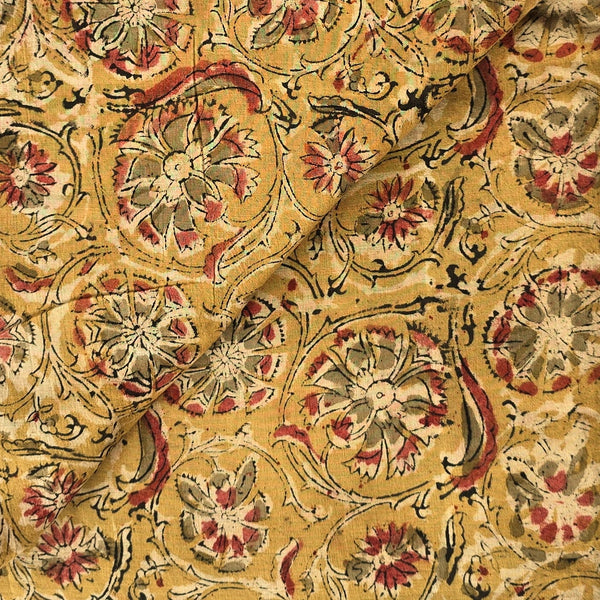 (PRE-CUT 1.50 METER) Pure Cotton Kalamkari Mustard With Pink Flower Jaal Hand Block Print Fabric