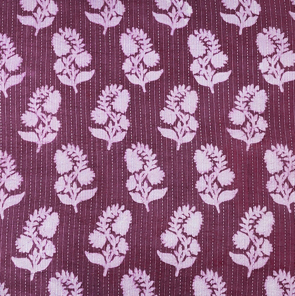 ( Pre-Cut 2 Meter ) Pure Cotton Dabu Purple With White Plant Motif With Katha Stripes Hand Block Print