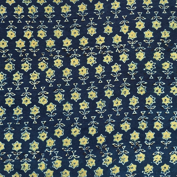 (PRE-CUT 2 METER) Pure Cotton Ajrak Blue With Yellow Tiny Flower Motif Hand Block Print Fabric