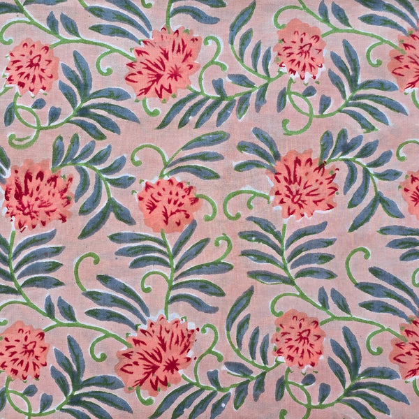 (PRE-CUT 1.45 METER) Pure Cotton Jaipuri Baby Pink With Peach Flower Jaal Hand Block Print Fabric