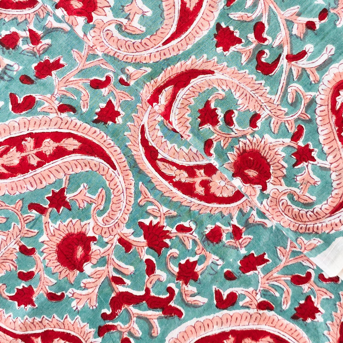 Pure Cotton Jaipuri Light Blue With Red And Peach Kairi Jaal Hand Bloc ...