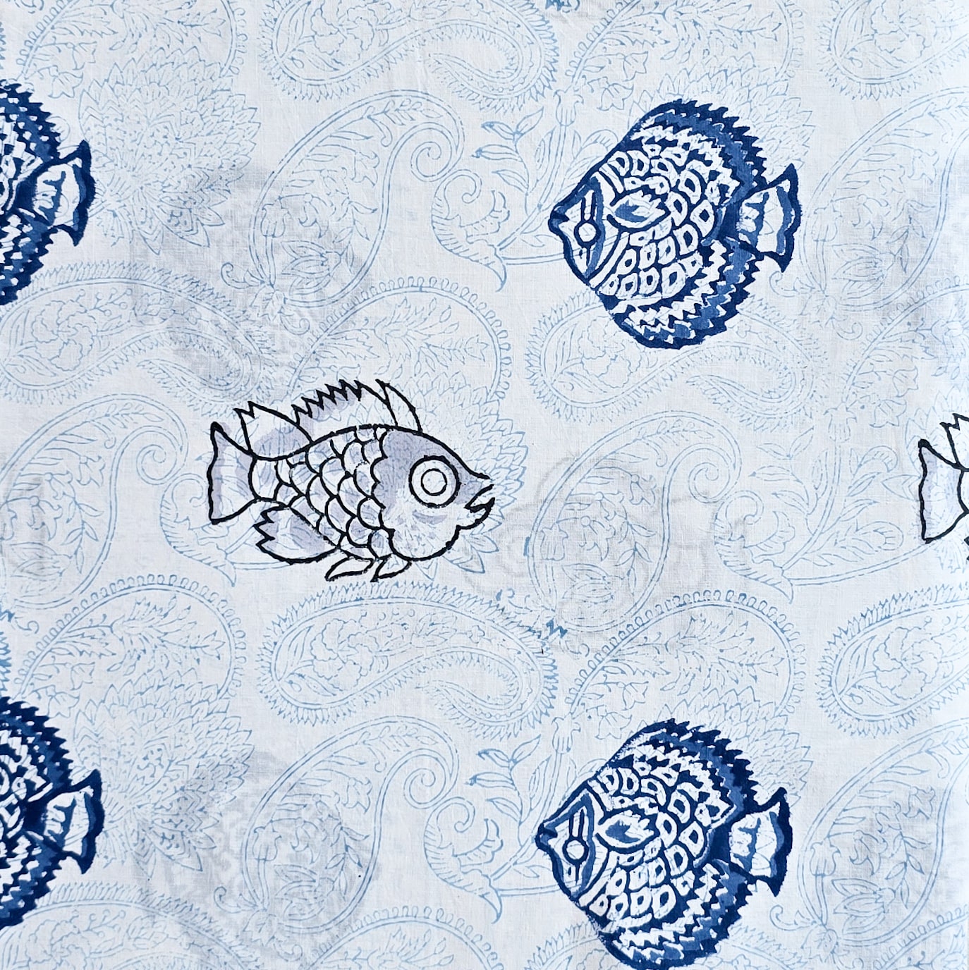 (PRE-CUT 1.40 METER) Pure Cotton Jaipuri White With Blue Fish Intricat ...