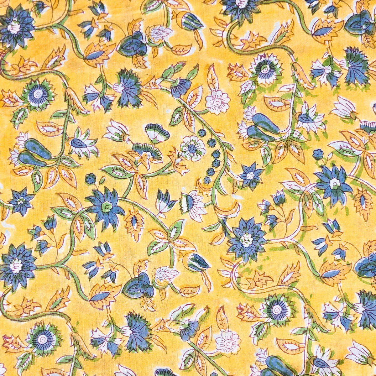 (Pre-Cut 1.60 Meter) Pure Cotton Jaipuri Yellow With Flower Jaal Hand ...