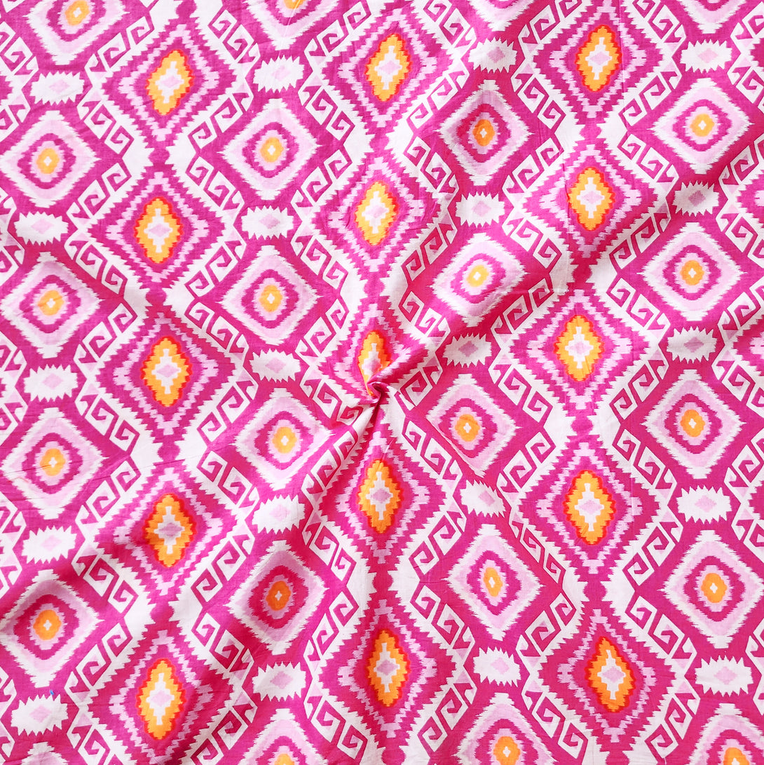 Pure Cotton Screen Print Pink With White And Yellow Geometrical Design ...