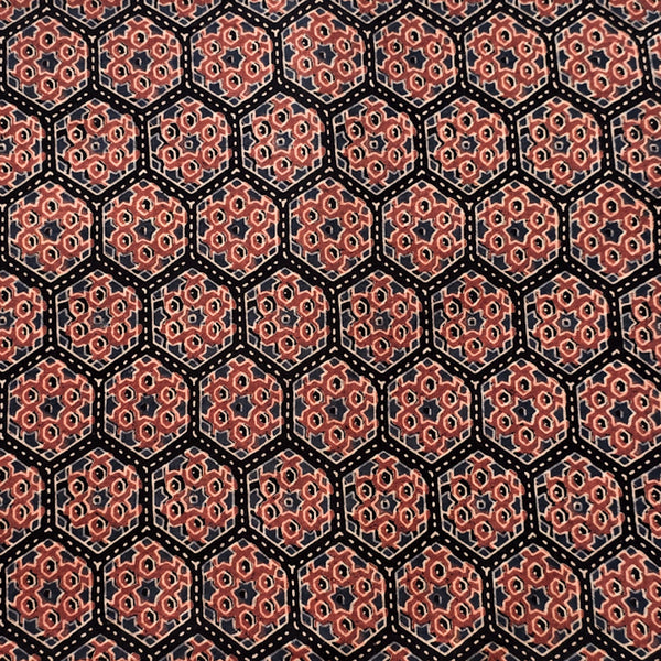 Pure Cotton Ajrak  Black With Rust Red  Intricate Design Hand Block Print Fabric