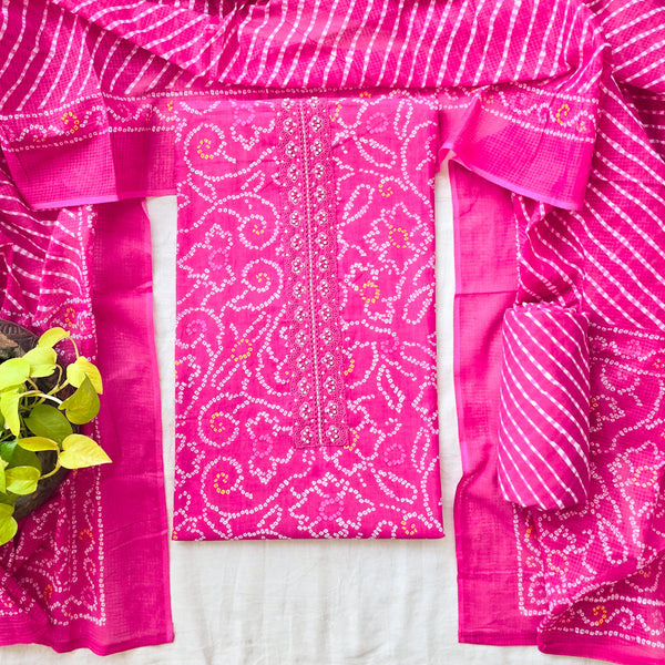 Aditi -Pure Cotton Bandhani Pink With White Yoke Suit