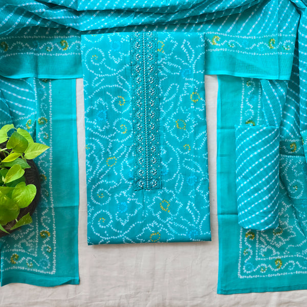 Aditi -Pure Cotton Bandhani Turquoise  And White With Lace Yoke Suit