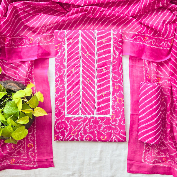 Aditi -Pure Cotton Bandhani Pink And White With Lace Yoke Suit