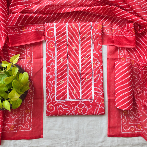 Aditi -Pure Cotton Bandhani Red And White With Lace Yoke Suit