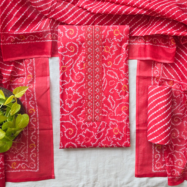 Aditi -Pure Cotton Bandhani Red And White With Yoke  Suit