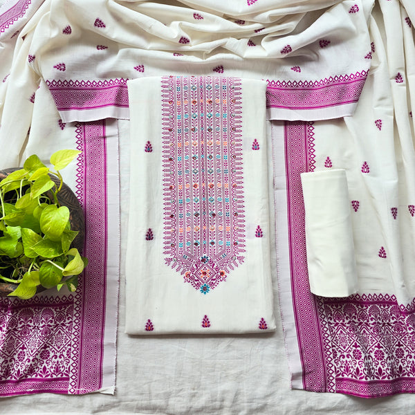 AARVI-Jamdani White With Pink Embroidered Design Suit