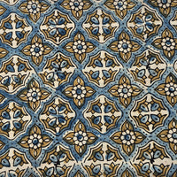 Pure Cotton Ajrak Rust Blue With Cream And  Mustard Intricate Design Hand Block Print Fabric