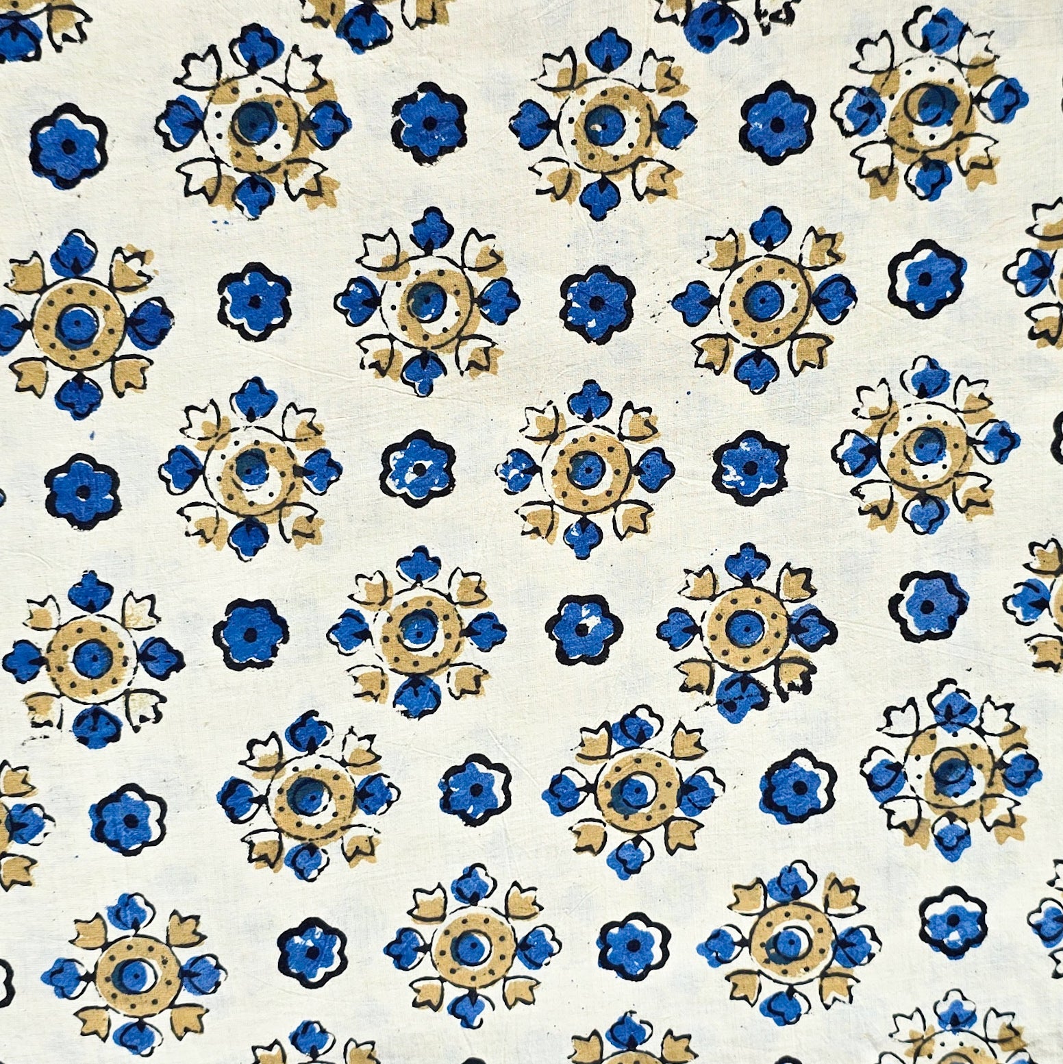 (PRE-CUT 1.50 METER)Pure Cotton Ajrak Cream With Blue And Mustard Flow ...
