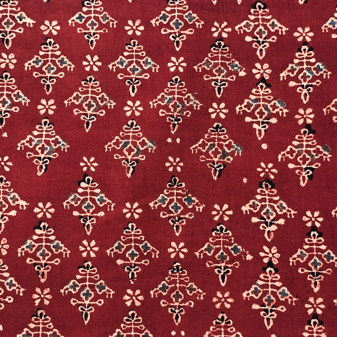(PRE-CUT 2 METER) Pure Cotton Ajrak Red With Blue Intricate Design Han ...