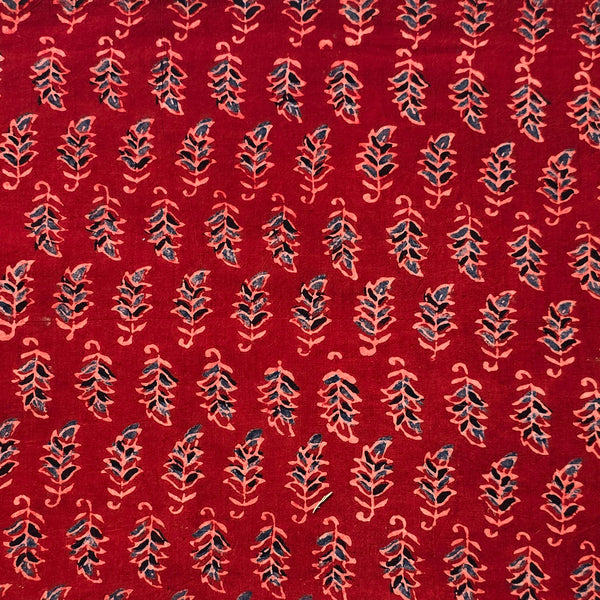 (PRE-CUT 1.50 METER) Pure Cotton Ajrak Red With Blue And Black Small Leaves Motif Hand Block Print Fabric