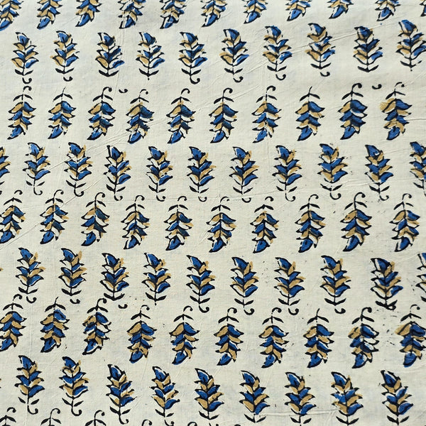 Pure Cotton Ajrak Cream With Blue Small Leaves Motif Hand Block Print Fabric