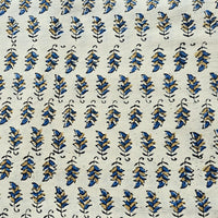 Pure Cotton Ajrak Cream With Blue Small Leaves Motif Hand Block Print Fabric